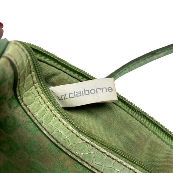 Vintage 80’s Liz Claiborne Small Green Purse Shoulder Handbag Monogram Print - Picture 12 of 15